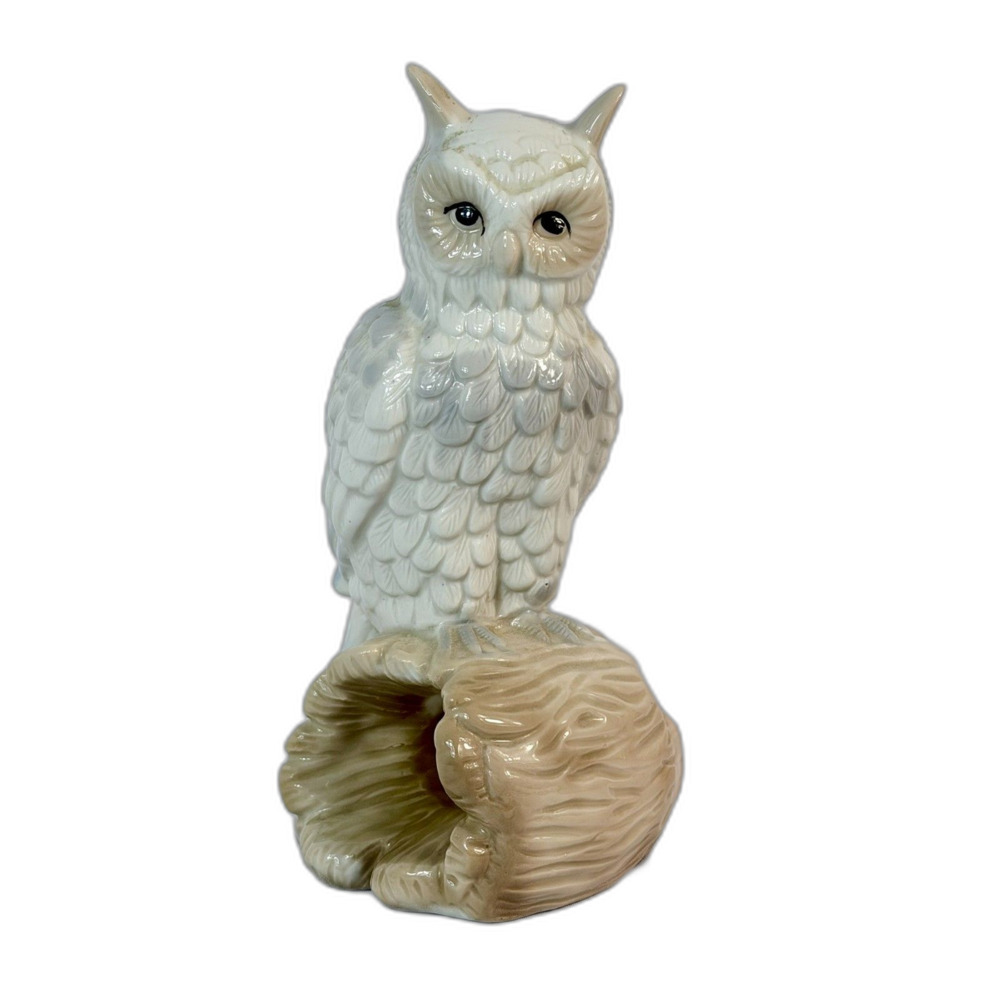 Vtg Glossy Porcelain Owl on Log Perched Blue Wise Woodland Forest Figure